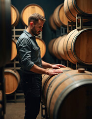 Man in a winery checking wooden barrels. Professional winemaker inspects wine production, assesses quality of the alcohol. Wine cellar interior, wooden barrels storage, drinks industry.