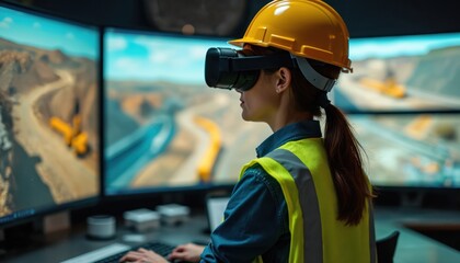 Woman in safety helmet uses VR headset to optimize digital mining operations. Mining engineer controls heavy machinery using virtual twin technology. Industrial workplace, modern tech, future,