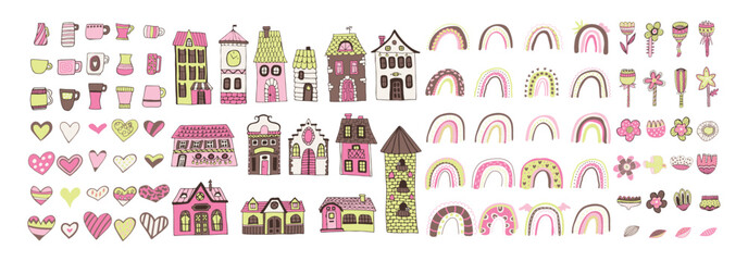 Big set of houses, hearts, rainbows, flowers. Set of cute stickers. Colorful bright elements for your design. Vector illustration