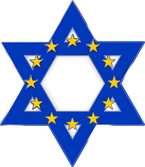 blue star of david symbol with white center and inner shadow and stars of EU, European Union and Israel flag star