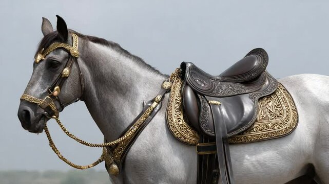 Majestic gray horse standing proudly in ornate saddle and bridle