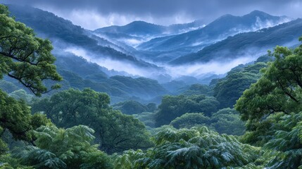 Majestic mountain landscape with lush greenery and misty atmosphere. AI-generated.