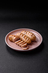 Grilled chicken or beef sausages, a hot meat dish. Barbecued sausages