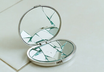 Broken mirror compact on a bright surface shows fragmented reflection and symbolism of fragility and misfortune with small, sharp pieces.