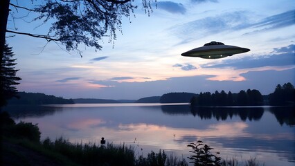 sunset on the lake UFO Over Lake at Dusk &ndash; Calm Sci-Fi Reflection Scene