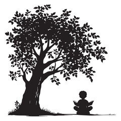 Silhouette of a boy reading a book under a tree isolated on white
