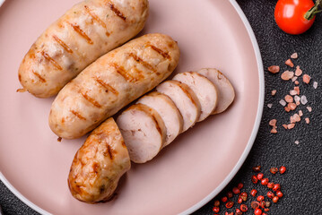 Grilled chicken or beef sausages, a hot meat dish. Barbecued sausages