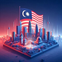 Iconic kuala lumpur skyline with malaysian flag waving majestically above