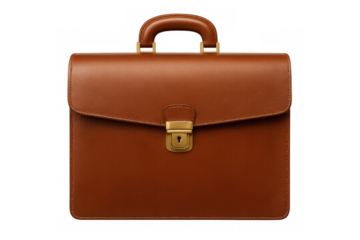 Professional brown leather briefcase featuring golden lock, representing executive elegance and corporate sophistication, resting against transparent backdrop