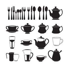 Silhouette collection of cutlery and tableware isolated on white background