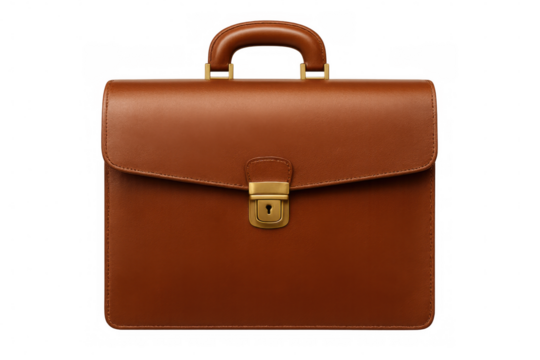 Professional brown leather briefcase featuring golden lock, representing executive elegance and corporate sophistication, resting against transparent backdrop