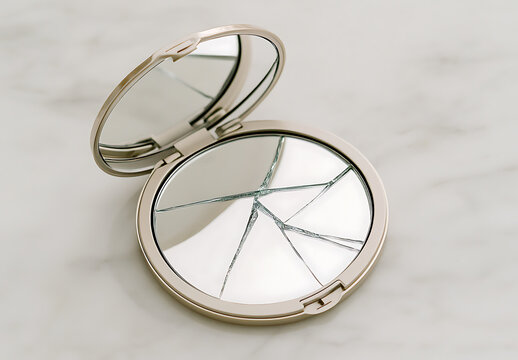 Broken dreams: Compact mirror's shattered reflection on white surface, symbolizing fragility and imperfection. Repair or discard? The choice is yours.