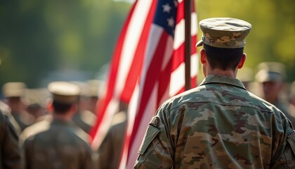 Soldier in uniform at ceremony holding American flag. Patriotism, national pride, service, military personnel, freedom, dedication, loyalty, honour. Commemoration events in memory of fallen heroes.