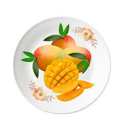 Fresh Whole and Sliced Mangoes with Leaves on Decorative White Plate 