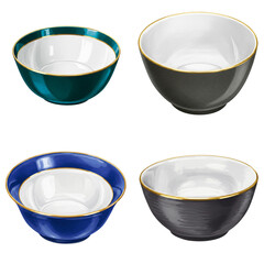 Set of four colorful ceramic bowls with gold trim on white background  