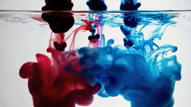 Red and blue ink mixing in water on white background