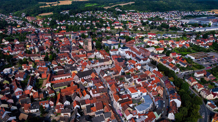 Aerial view around the old town in the city Tauberbischofsheim on an sunny spring day in Germany