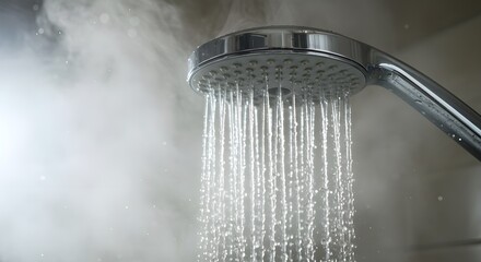 Close-up of a shower with hot water flowing in a modern bathroom, steam rising, soft lighting, warm and relaxing atmosphere, concept of comfort and daily routine.
