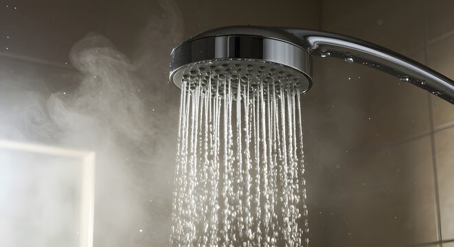 Close-up of a shower with hot water flowing in a modern bathroom, steam rising, soft lighting, warm and relaxing atmosphere, concept of comfort and daily routine. - Powered by Adobe