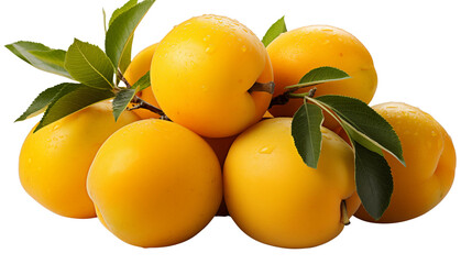 Fresh yellow plum arrangement, a juicy and sweet treat with green leaves presented on a white background for a vibrant still life transparent.