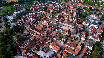 Aerial view around the old town in the city Tauberbischofsheim on an sunny spring day in Germany