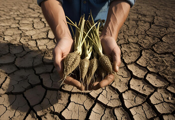 A farmer on dry, cracked earth holding wilted crops