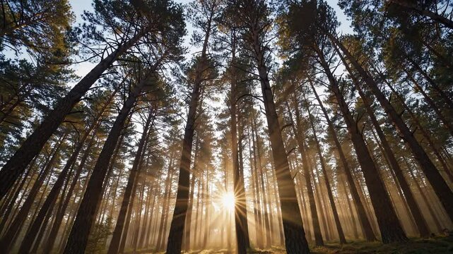 Sunlight filters through tall pine trees in a serene forest, captured from a low angle, creating a cinematic video-like atmosphere. Live desktop wallpaper.