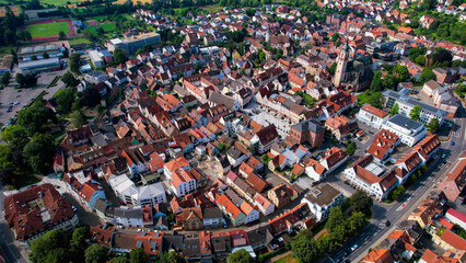 Aerial view around the old town in the city Tauberbischofsheim on an sunny spring day in Germany