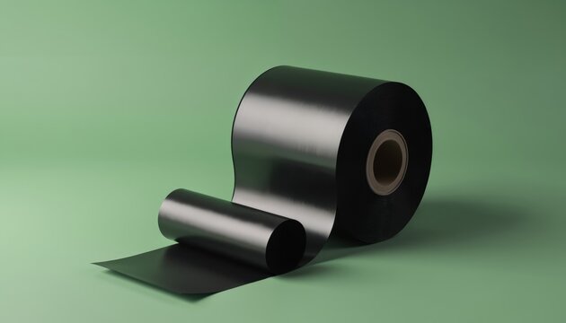Black wax ribbon thermal transfer printer core green background. Printer consumables. Barcode label printing supplies. Printing tech. Information labeling industry. Product for businesses, retail
