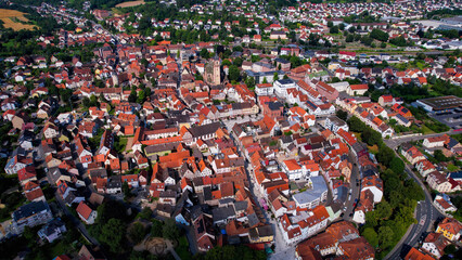 Aerial view around the old town in the city Dettelbach am Main on an sunny spring day in Germany