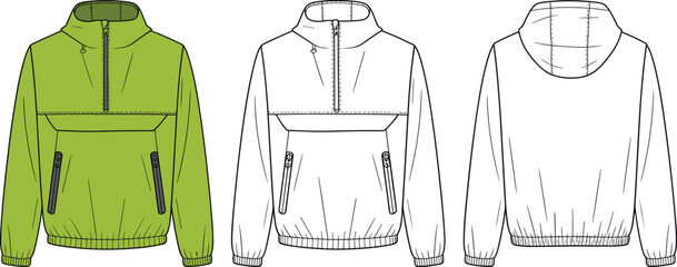 Stylish Green Men's and Women's Anorak Jacket Flat Sketch Template for Outdoor Wear, Casual Fashion, Technical Drawing, and Apparel Design Resources. © Hasan Creatives