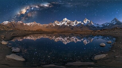 Majestic mountains reflected in a still pond under a starlit sky.