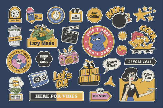 a set of retro cartoon stickers with vintage-style artwork, expressive poses, and trendy slogans, vector illustration