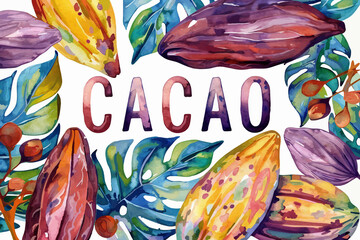 Vector illustration of cacao fruit and leaves on white background and lettering cacao