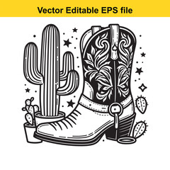 Stylized Cowboy Boot and Cactus Illustration A Western Themed Black and White Design for Apparel or Print