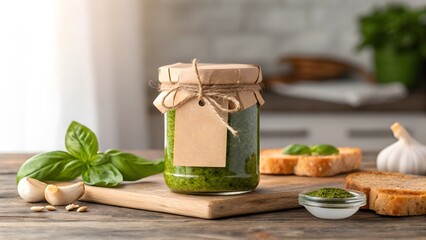 Homemade Basil Pesto in Glass Jar with Garlic and Toast &ndash; Rustic Kitchen Scene