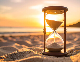 A close-up of sand trickling through an hourglass, symbolizing fleeting summer moments and precious time.