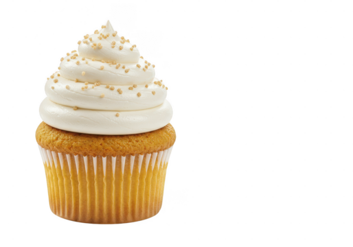 A single cupcake with white frosting and little sprinkles on top in a paper liner isolated on transparent background