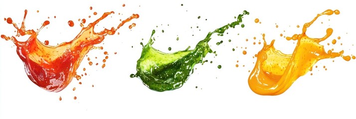Cutout of set of 3 subject, dramatic splash of chimichurri sauce, hot sauce, and honey mustard splashed in vibrant green, fiery red-orange, and glossy yellow-gold colors, isolated on white background