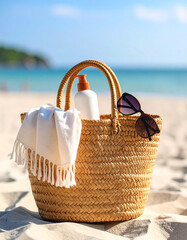 A simple straw tote bag filled with beach essentials like sunscreen, sunglasses, and a light summer scarf.