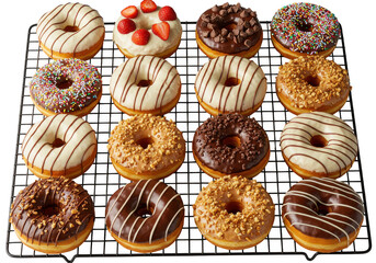 Assorted donuts on a cooling rack with various toppings and icings in a grid arrangement on transparent background
