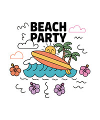 Modern vector illustration themed around a playful beach fun party t-shirt print, easily editable and scalable.