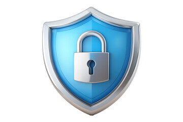 Silver padlock on a blue shield isolated on transparent background