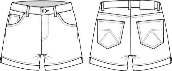 Men’s rolled-hem shorts front and back view, technical fashion sketch, pocket detail garment drawing, casual summer clothing template, vector illustration for design