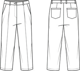 Men’s formal trousers front back view, technical fashion sketch, pleated pant design, apparel flat drawing, clothing blueprint, tailored garment vector illustration