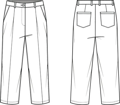 Men’s formal trousers front back view, technical fashion sketch, pleated pant design, apparel flat drawing, clothing blueprint, tailored garment vector illustration