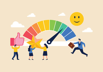 Team celebrating high performance, customer satisfaction concept, colorful rating gauge, business success, motivation, happiness, employee achievement