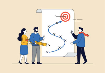 Team planning for success, strategy to reach target, business collaboration, goal setting, roadmap illustration, teamwork concept, vision execution, leadership ideas, creative path