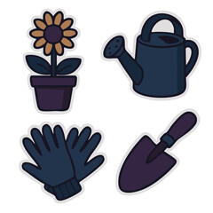 A set of four gardening-themed vector stickers with bold outlines and a dark aesthetic. The collection includes a sunflower in a pot, a watering can, a pair of gardening gloves, and a hand trowel. 