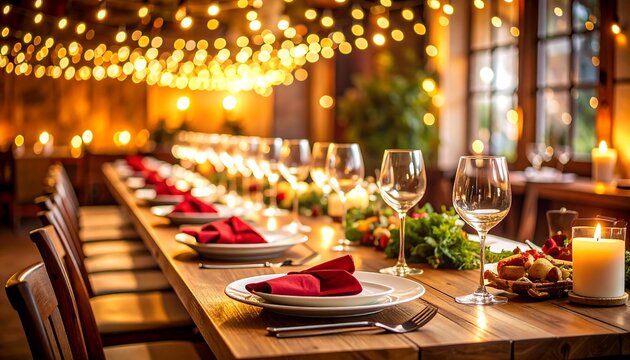 Festive dining table setting in a warm, rustic venue